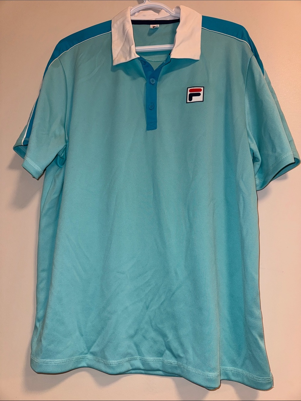 VTG Fila Men's Aqua Polo with White Collar and Teal Accents
